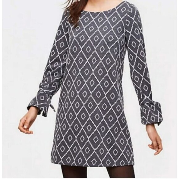 LOFT Dresses & Skirts - Loft Long Sleeve Mini Shift Dress Womens Size MP Black  Diamond Tie Cuff Chic